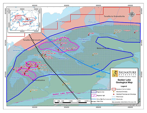 Figure1: Compilation map of Geophysics over Geology and Mineral Showings