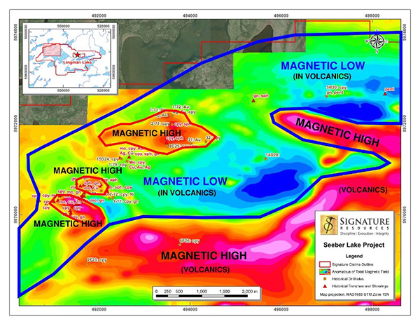 Figure 2: Geophysical map; Anomalous Total Field Magnetics and Mineral Showings