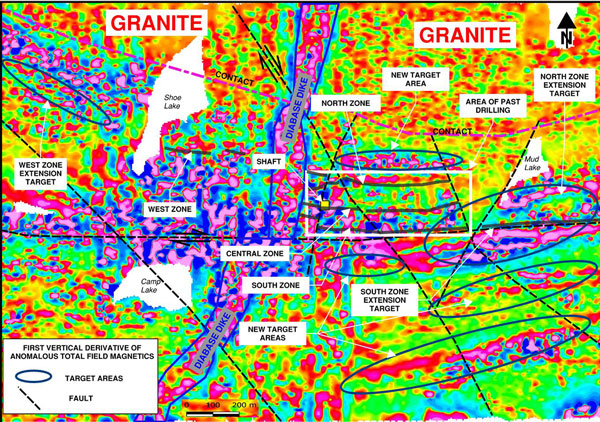 Magnetic V1 map showing target areas relative to magnetic linears and Lingman gold zones.